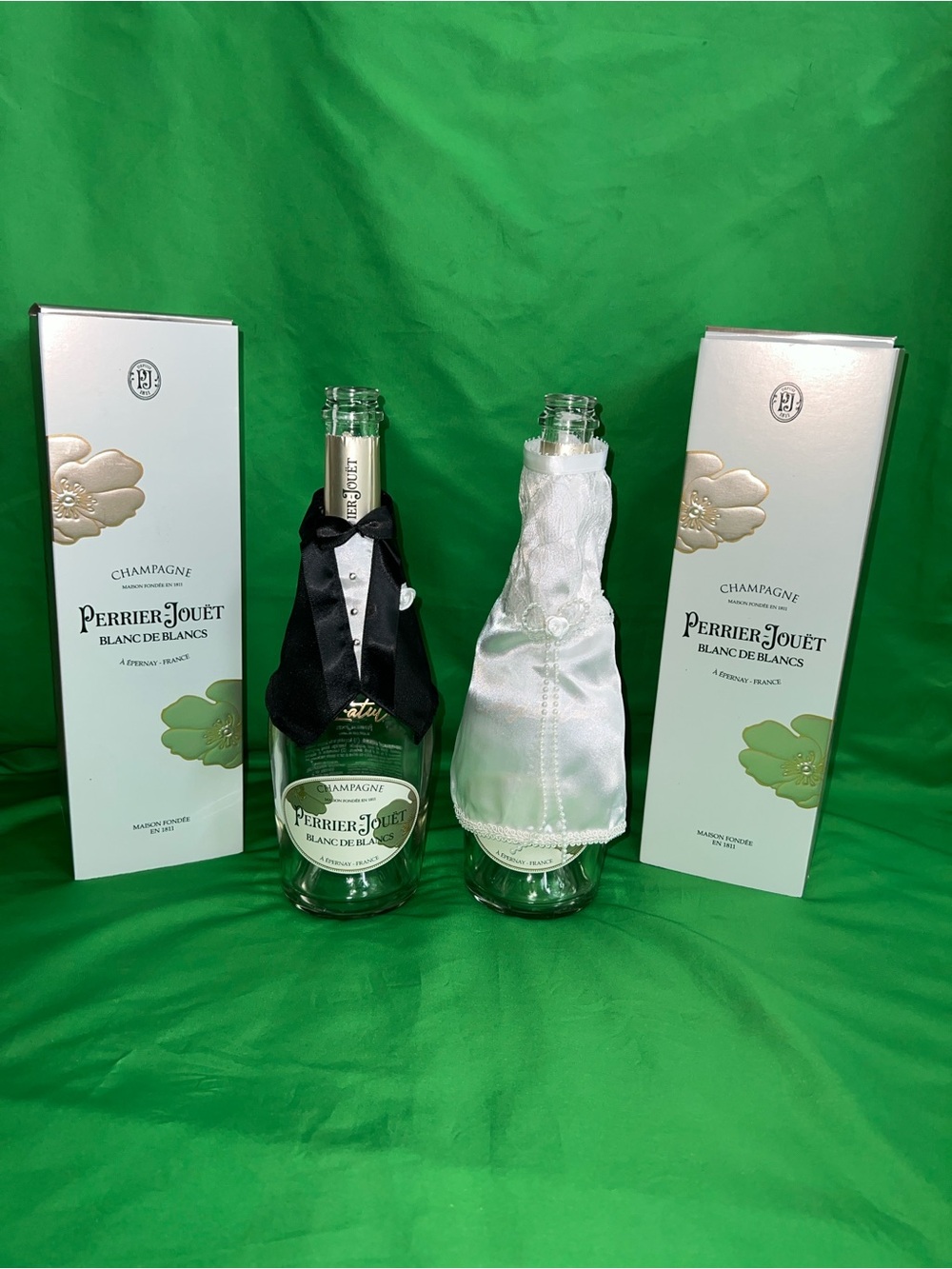 (2) EMPTY Champagne Bottles w/ Tuxedo & Gown Decorations & Gold congratulations